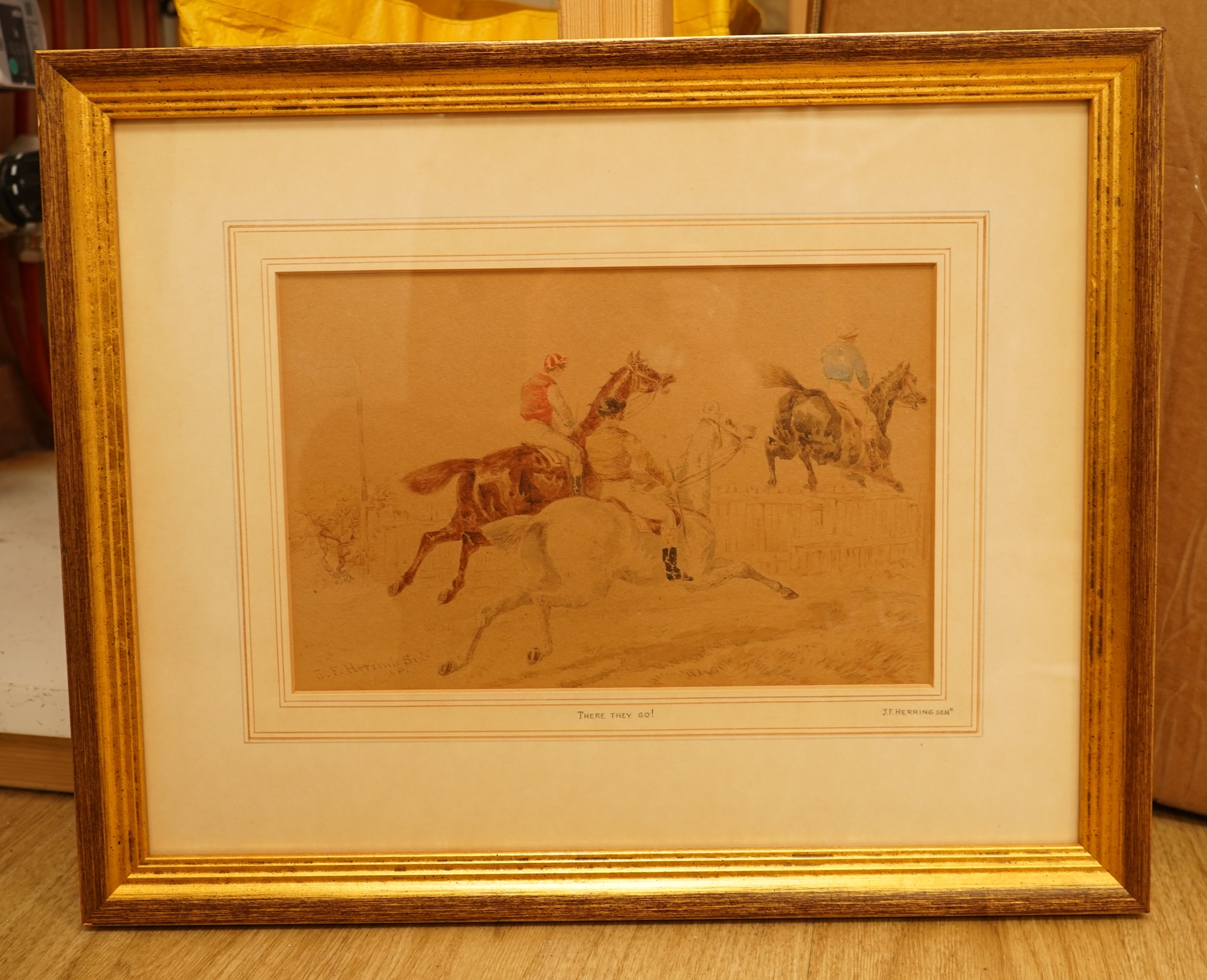 John Frederick Herring Sr (1795-1865), ‘There they go!’, signed, Horse racing interest watercolour, 17 x 26cm